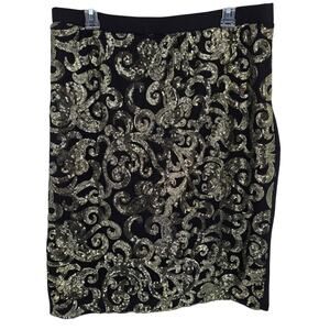 Cato Black Gold Sequin Knee Length Pencil Skirt 14/16W Glam Old Money Opulent